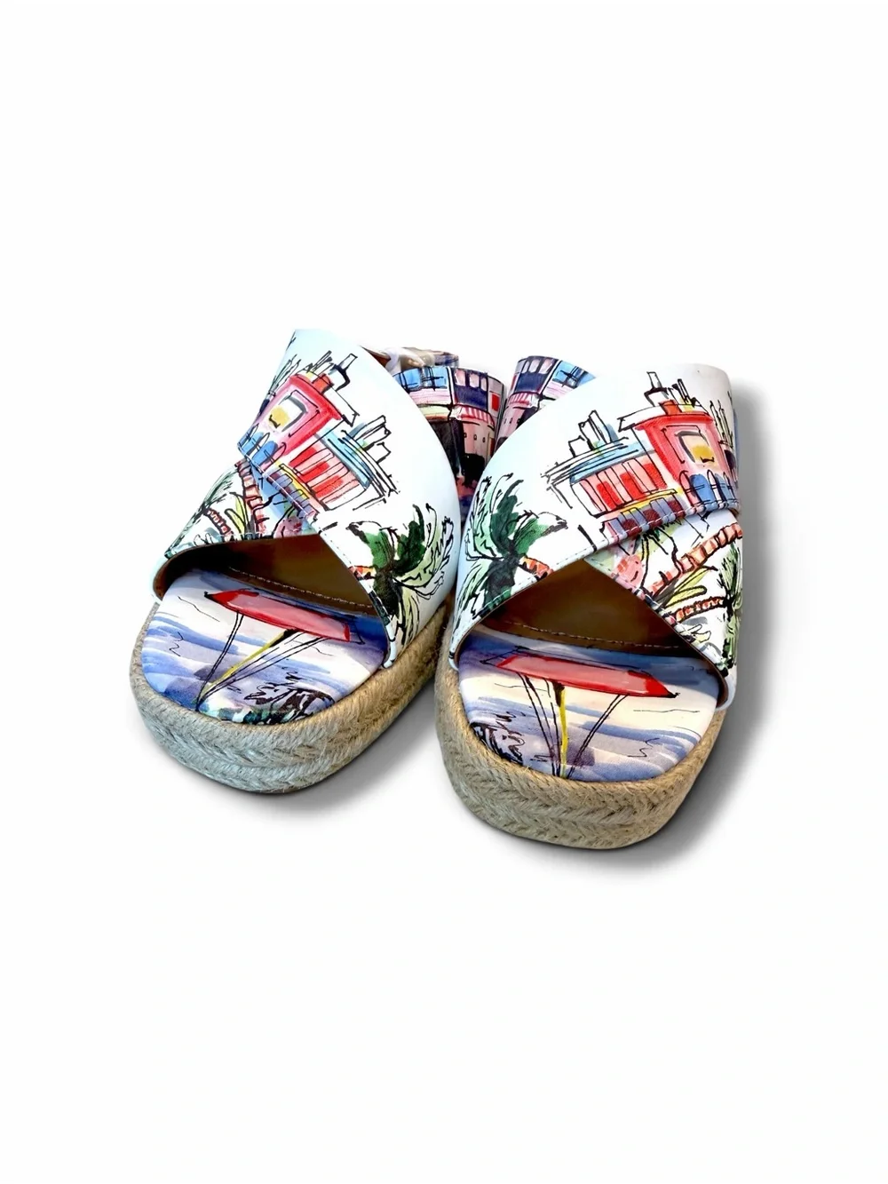 J.Renee White Espadrille Sandals with Multicolor Beach Print